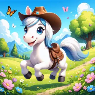 A cheerful cartoon horse character with big, friendly eyes and a flowing mane, wearing a colorful saddle and a cowboy hat. The horse is galloping playfully in a vibrant meadow filled with flowers and butterflies, with a bright blue sky in the background. The overall feel is fun and whimsical, perfect for a children's animation